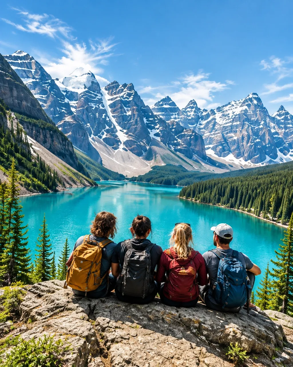 Travel companions sharing a view of a turquoise alpine lake