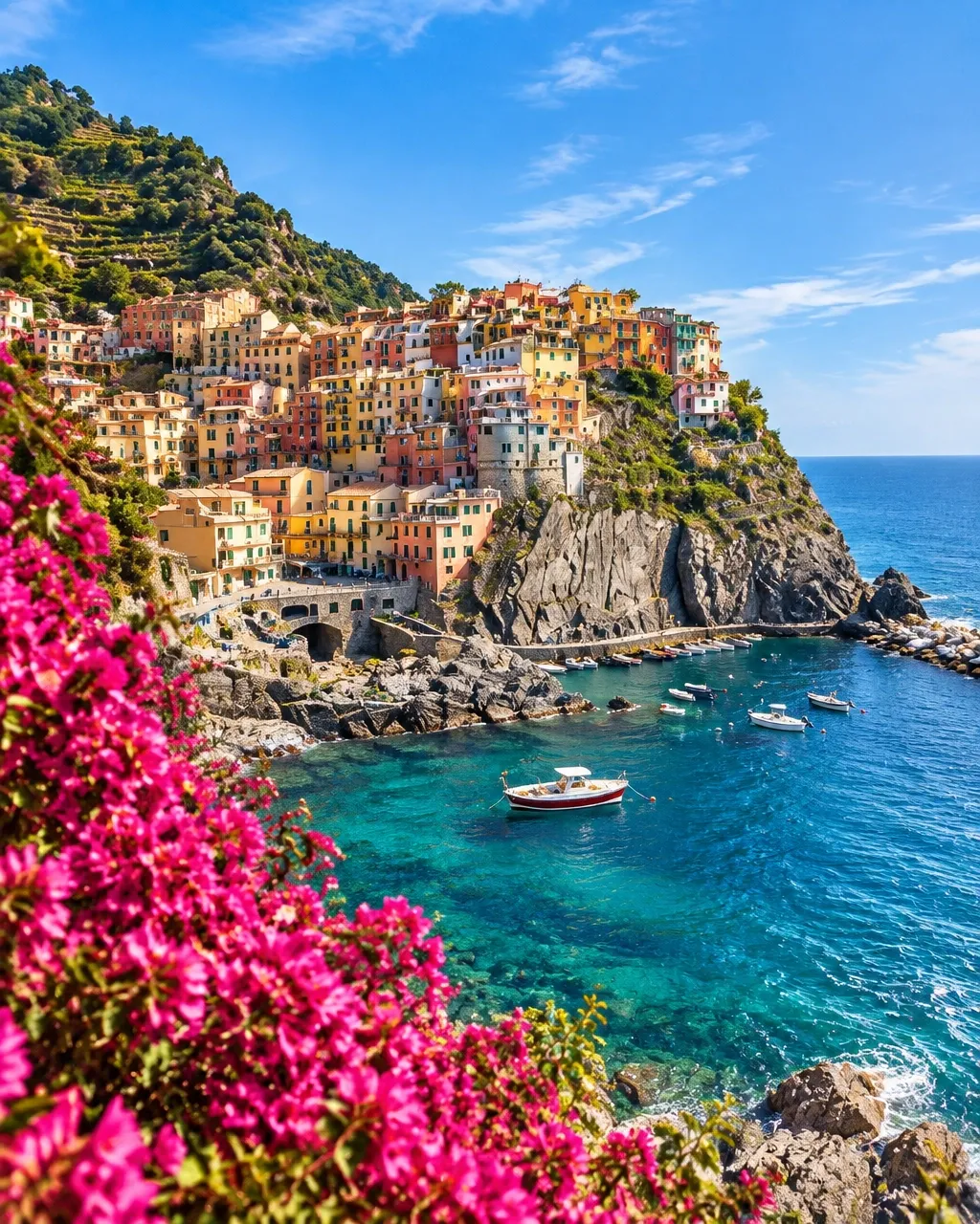 Pastel seaside village above a turquoise Mediterranean cove