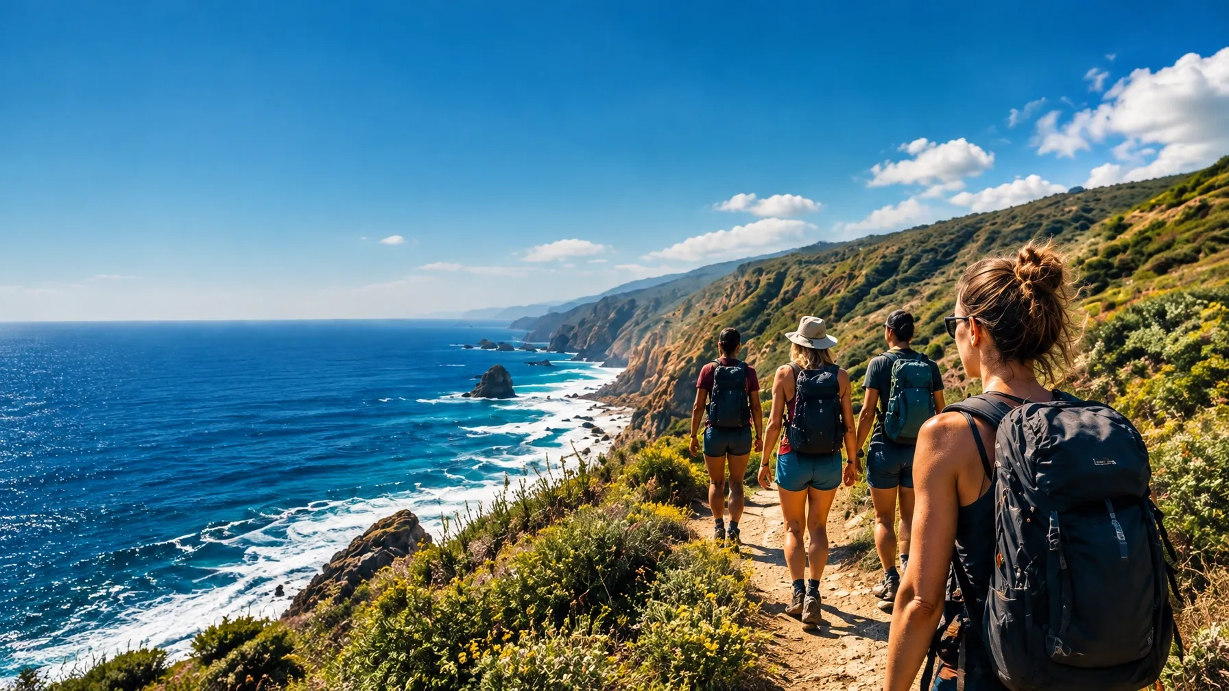 A small group of travelers hiking together above a bright blue coastline